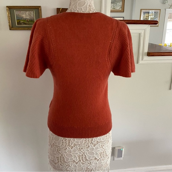 WHITE + WARREN Rust Color Crewneck Cashmere Sweater Flutter Sleeves XS - Picture 3 of 5